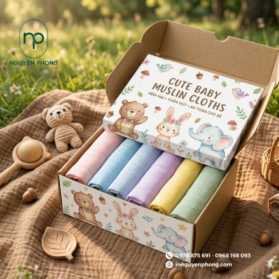 in hộp đựng khăn xô, khăn sữa cho em bé